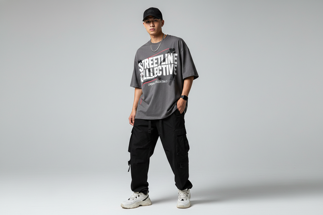 model wearing graphic t-shirt that says Streetline Collective