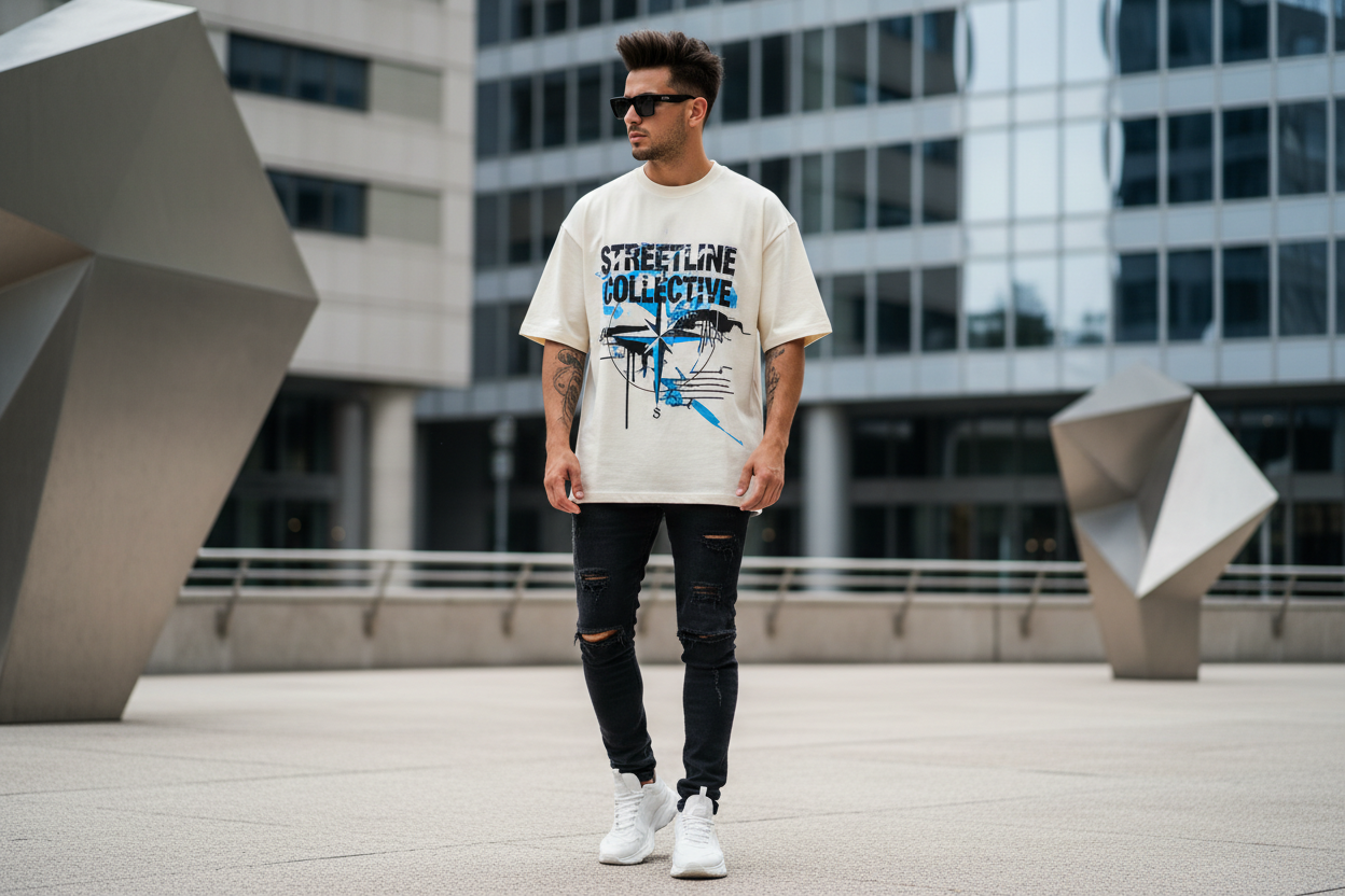 Streetline Collective with model wearing a design t-shirt of it